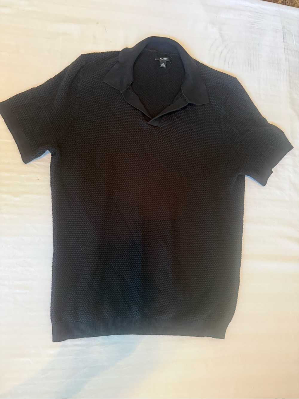 Alfani Men's Black Textured Knit Polo with Camp Collar